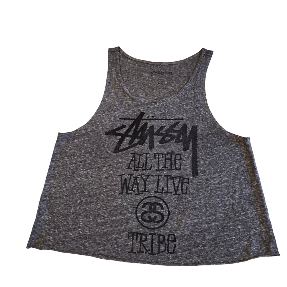 Stussy Tribe All The Way Live Graphic Tank Top Grey Heather Crop Small
